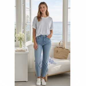 White + Warren Blue & White Striped Linen Knit Top | Size L | Short Sleeve